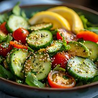 Fresh garden salad with sliced cucumbers, cherry tomatoes, and sesame seeds garnished with lemon wedges, served on dark plate. Healthy Mediterranean dish.