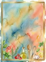 Watercolor cooking background with fresh tomatoes, olive oil, garlic, wooden spoon, whisk, and citrus slices arranged on bottom border with herbs and gold frame.