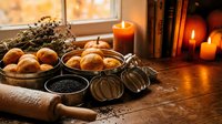 Cozy autumn kitchen scene with fresh baked goods, candles, and warm fireplace glow creating perfect seasonal atmosphere for cooking and baking projects.