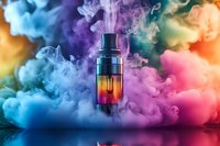 Electronic vaporizer device surrounded by vibrant colorful smoke clouds in blue, purple, and pink hues against dark background with reflection on surface.