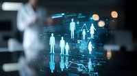 Digital network connecting glowing human silhouettes with data streams and analytics interface in blue technological visualization. Modern business concept.