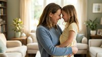 Loving Caucasian mother and young daughter sharing tender embrace in bright modern living room. Family bonding moment at home with natural sunlight.