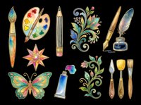 Artistic tools and decorative elements collection featuring paintbrushes, palette, pencil, feather quill, paint tube, butterfly, star, and utensils isolated on transparent background. Ready for clipart, t-shirt design, stickers, and print-on-demand projects.