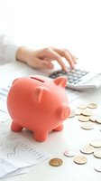 Pink piggy bank with coins and calculator on financial documents for budget planning and savings management.