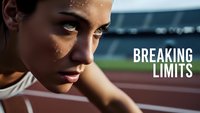 Determined female athlete with sweat on face looking focused at track stadium with breaking limits motivational text for sports inspiration campaigns.
