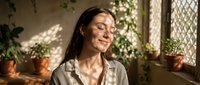 Woman with long dark hair and light skin tone, wearing a light linen shirt, smiling peacefully in a sunlit room surrounded by potted plants and greenery near a window. Suitable for wellness, lifestyle, and home decor projects.