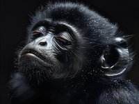 Close-up portrait of a black spider monkey with eyes closed against dark background, showcasing detailed facial features and textured fur.