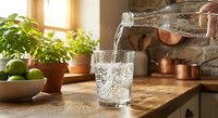 Hand pouring fresh sparkling water from glass bottle into tumbler on rustic kitchen counter with herbs and limes creating healthy hydration lifestyle scene.