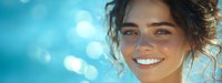 Young Caucasian woman with natural curly hair and bright smile against blurred turquoise background with bokeh lights, expressing joy and confidence in summer atmosphere.