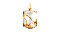 Watercolor pillar candle with golden marble swirls and glowing flame on white background, isolated illustration for spiritual and decorative designs.