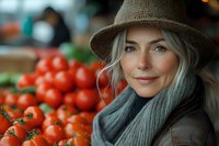 Smiling mature Caucasian woman with blonde hair wearing hat and scarf at farmers market, fresh red tomatoes in soft focus background, natural lifestyle portrait.