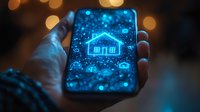 Glowing neon house icon on smartphone screen with bokeh lights background creates futuristic smart home technology concept in blue tones.