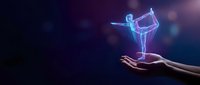 Glowing neon holographic dancer figure floating above open palm against dark background with bokeh lights for digital art and futuristic design projects.