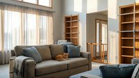 Cozy modern living room with an orange cat resting on a gray sofa, wooden bookshelves, and large windows with sheer curtains.