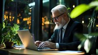 Senior Caucasian businessman with gray beard working late on laptop in dark office with ambient lighting and green plants, professional corporate environment.
