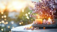 Glowing candle and healing crystals on stone with blooming cherry blossom branch against soft bokeh background creates peaceful spa atmosphere.