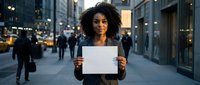 Young African American businesswoman holding blank white sign on busy city street at dusk for advertising mockup and promotional campaigns.