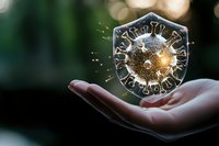 Glowing coronavirus cell floating above open palm against dark background with bokeh lights, scientific visualization for medical and healthcare concepts.