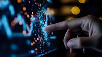 Finger pointing at digital financial chart with glowing blue data visualization and bokeh lights, representing stock market analysis and trading technology.