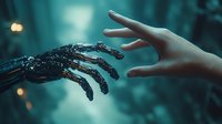 Robotic and human hands reaching towards each other against mystical teal background with bokeh lights, symbolizing connection between artificial and human intelligence.