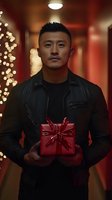 Asian man in leather jacket holding red wrapped gift against festive holiday background with bokeh lights and warm ambiance. Perfect for seasonal advertising.
