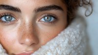 Close up portrait of young Mediterranean woman with bright blue eyes, natural freckles, and curly hair wrapped in cozy white knit sweater, showing natural beauty.