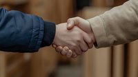 Close-up view of firm business handshake between two people wearing casual jackets against blurred wooden background, representing trust and partnership.