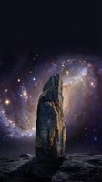 Ancient monolith standing on barren lunar landscape with glowing spiral galaxy and stars in cosmic background, surreal space scene for sci-fi and fantasy projects.