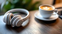 White wireless headphones on wooden table next to cappuccino cup with latte art foam. Blurred background creates cozy coffee shop atmosphere for music and relaxation.