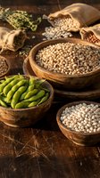 Assorted legumes and beans in wooden bowls on rustic table including soybeans, lentils, chickpeas and edamame for healthy cooking and nutrition.
