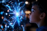 Young boy gazing in wonder at glowing blue sparkles and light effects against dark background, capturing childhood amazement and magical holiday atmosphere.