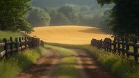 Atmospheric rural landscape with dirt road leading through wooden fence to golden wheat field under dramatic sky. Moody summer countryside scenery.