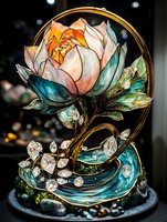 Elegant stained glass lotus flower sculpture with golden frame and crystal accents on dark base for luxury home decor and artistic display.