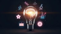 Light bulb with glowing brain inside surrounded by colorful business and science icons on dark background representing innovation and creative thinking.
