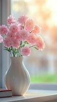 Delicate pink carnations in white ceramic vase on windowsill with soft natural lighting and bokeh background, creating serene morning atmosphere.