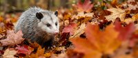 Small gray opossum sitting among colorful autumn leaves in natural woodland setting. Wildlife photography perfect for seasonal nature content.