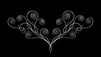Elegant white line art floral ornament with swirling branches and spiral roses on black background for decorative design projects and luxury branding.