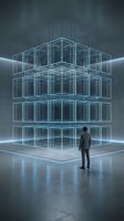Businessman in dark suit standing before glowing wireframe building structure in empty concrete space, representing digital architecture, innovation, and future technology concepts for corporate design.