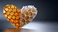 Heart shaped honeycomb structure split in golden amber and clear crystal sections on dark background with dramatic lighting and soft shadow effect.