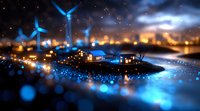 Miniature night landscape with wind turbines and houses illuminated by blue lights, creating magical bokeh effect against dark sky with glowing city lights in background.