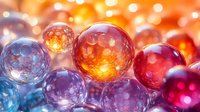 Colorful transparent glass spheres with warm bokeh lights creating magical atmosphere for luxury design projects and decorative backgrounds.