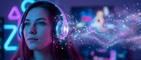 Young woman with headphones listening to music in neon-lit cyberpunk environment with glowing particles and futuristic digital effects.
