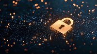 Glowing golden padlock on dark background with bokeh lights and digital particles, representing cybersecurity and data protection concepts.