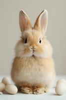 Adorable light brown bunny rabbit with long ears sitting upright against neutral background with small eggs, perfect for Easter holiday designs and spring season promotions.