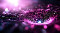 Futuristic digital tunnel with glowing pink and purple particles forming a vortex shape against dark background, abstract technology visualization for modern designs.