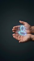 Hands holding glowing holographic person icon representing customer care, human resources, and digital protection services for business concepts.