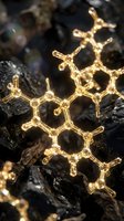 Golden molecular structure with hexagonal lattice formation displayed on dark charcoal surface, representing chemistry, nanotechnology, and scientific research applications.