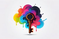 Vintage golden key silhouette surrounded by vibrant dripping paint clouds in rainbow colors against white background, creative concept for unlocking potential.