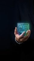 Businessman holding glowing neon green holographic dashboard interface with analytics charts, data visualization and digital metrics for business intelligence and technology solutions.