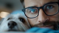 Caucasian bearded man in glasses sharing tender moment with white dog, close up portrait with shallow depth of field and soft bokeh background.